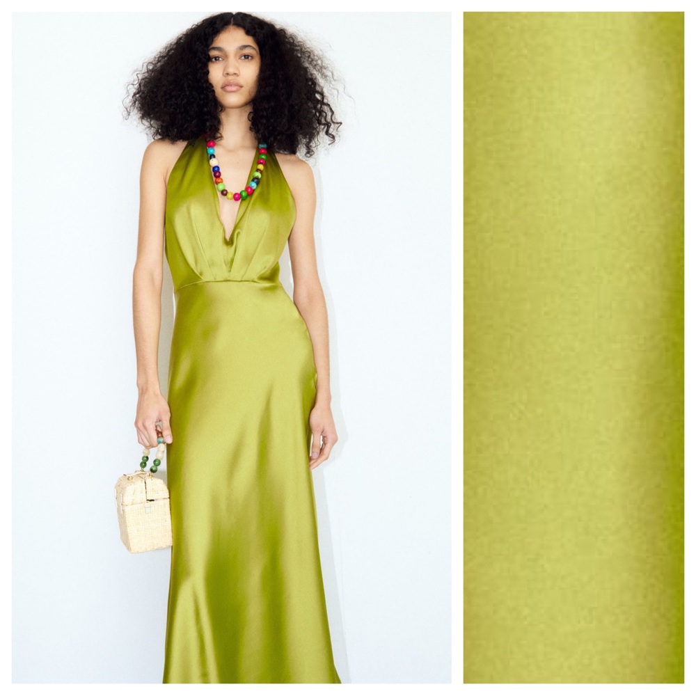 NWT. Zara Olive Green Satin Effect Halter Sleeveless Midi Dress. Size L.